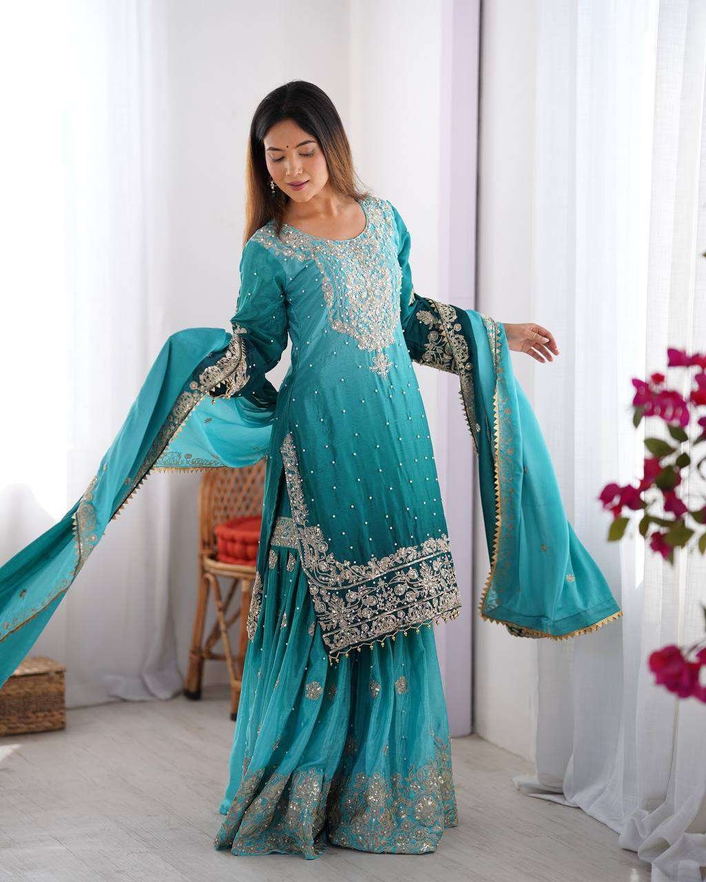 Women's Chinon Silk Sequence With Rivet Moti Work Straight Kurta With Sharara and Dupatta Set - Image 35