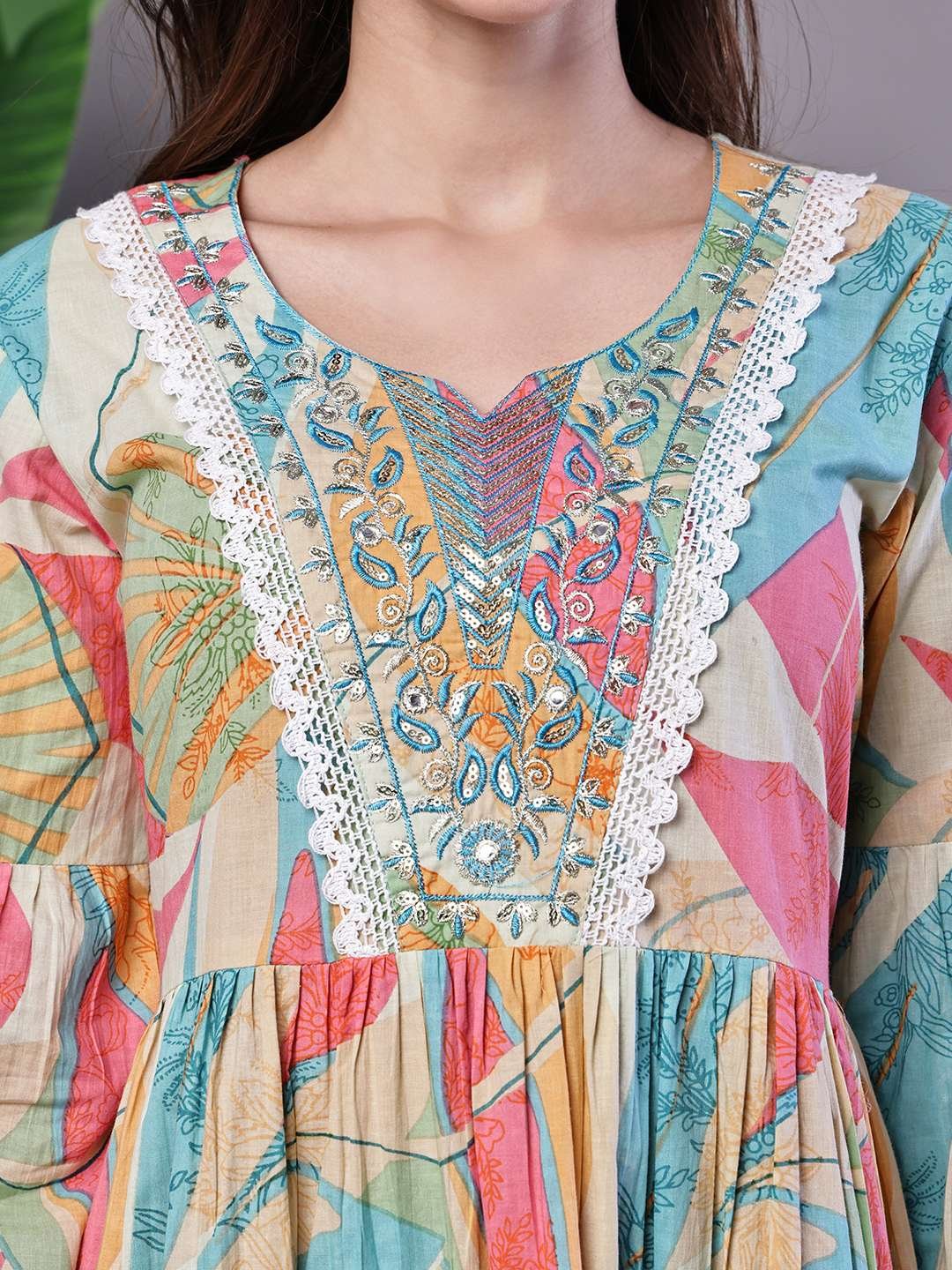 Wome's Multicolor Printed Cotton A-Line Dress with Embroidered Yoke Midi Dresses - Image 5