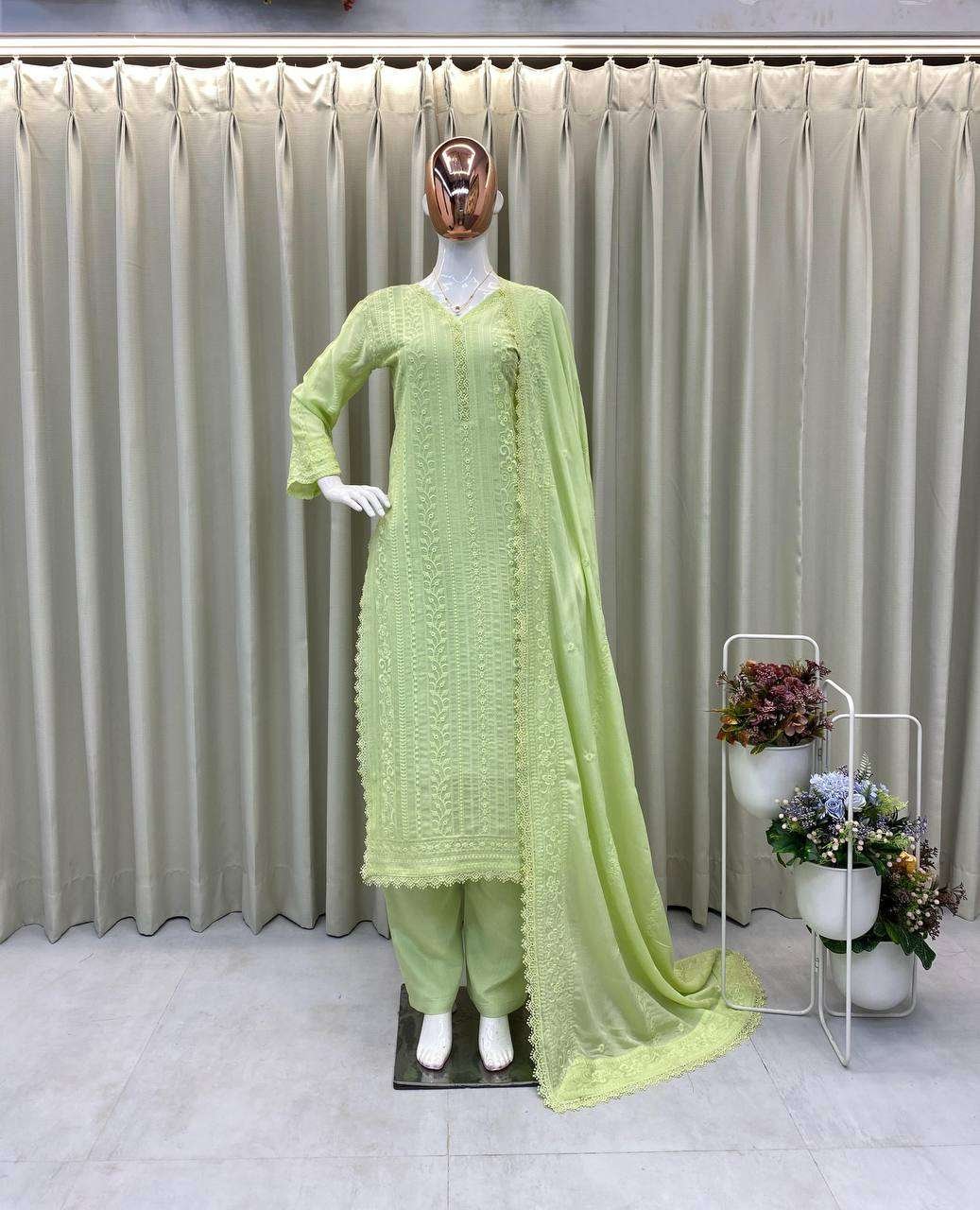 Women's Chinon Silk with Cotton Thread Embroidery Straight Kurti With Pant and Dupatta set - Image 13