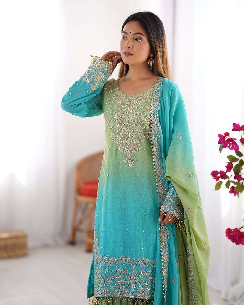 Women's Chinon Silk Sequence With Rivet Moti Work Straight Kurta With Sharara and Dupatta Set - Image 14